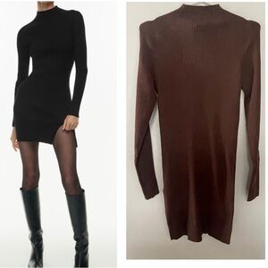 Aritzia Alchemy mini chocolate brown ribbed knit high turtleneck dress with slit